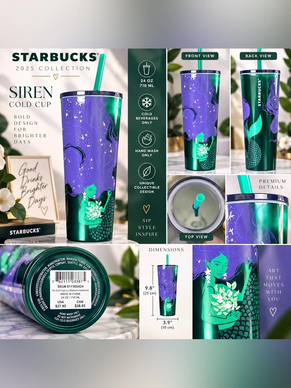 Starbucks 2025 Siren Mermaid Green Purple 24 Oz Cold Cup Tumbler w/ Straw